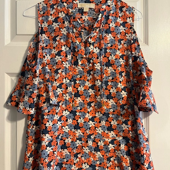 Michael Kors Tops - Michael Kors Coral and Blue Floral Cold Shoulder top with tie front